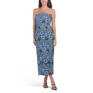 RENE BY RENE RUIZ Blue/Navy Strapless Lace Tea Length Dress